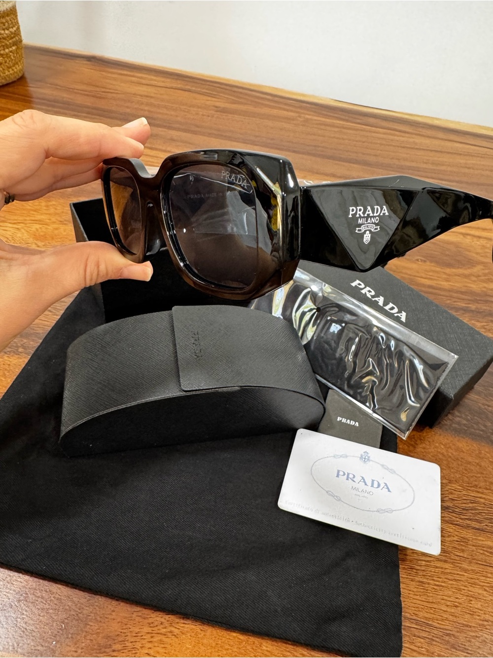 Prada Glossy Black Rectangular Sunglasses with Dark Lenses